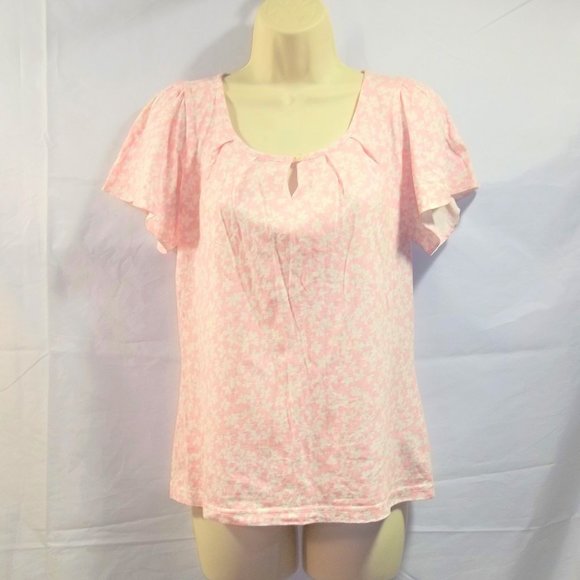 Chaps Womens Top Shirt Blouse Size M Pleated Front Floral Keyhole Pink White - Picture 1 of 4